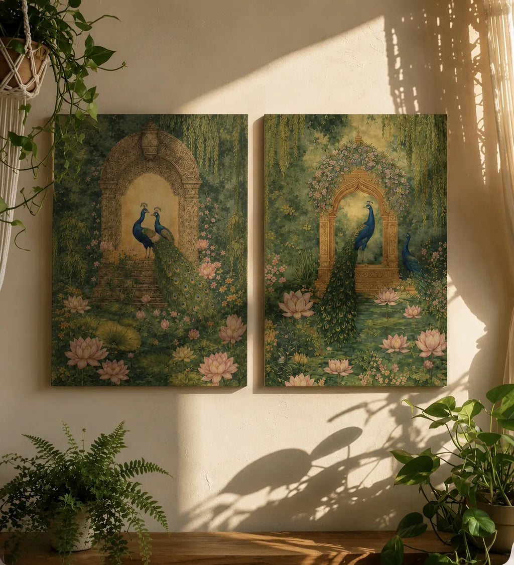 Peacock Garden Harmony – Vintage Indian Canvas Wall Art (Set of 2)