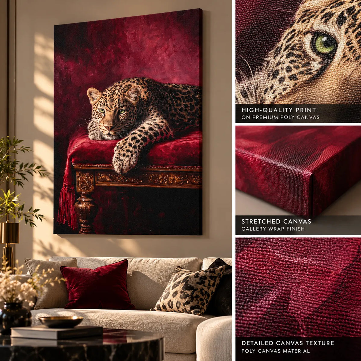 Luxury Leopard Canvas Wall Art Burgundy