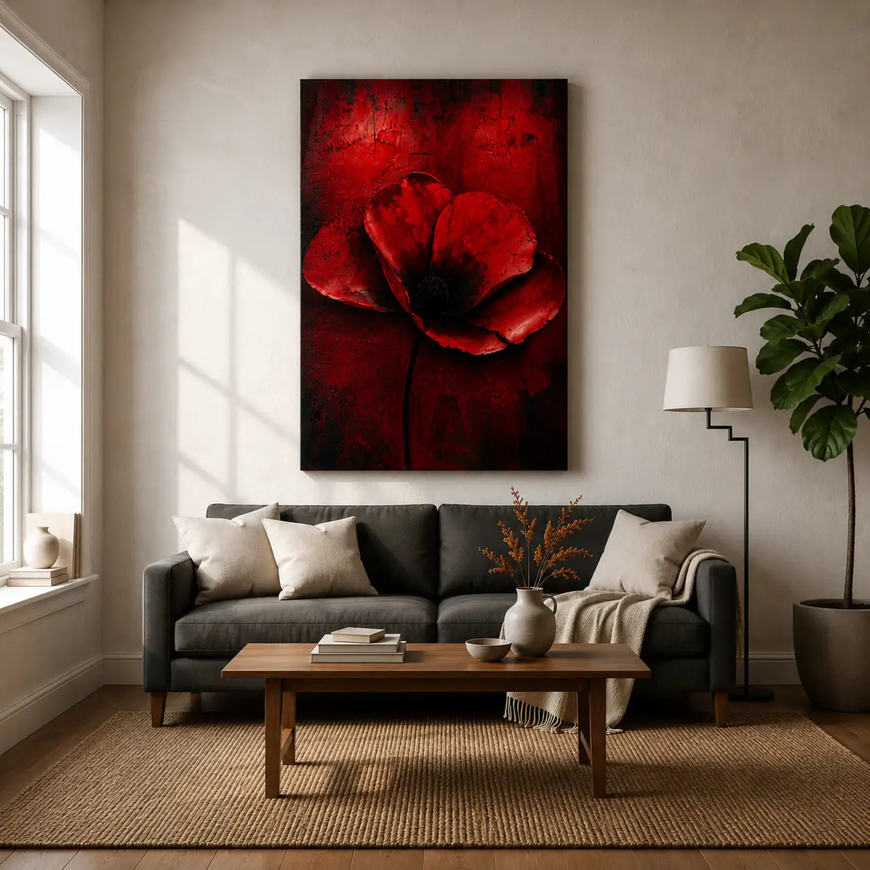 The Red Empress™ luxury canvas wall art displayed in dark luxury living room – 20x30 inch framed print by Yomi Living