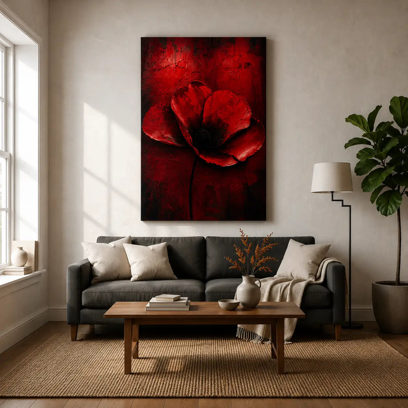 The Red Empress™ luxury canvas wall art displayed in dark luxury living room – 20x30 inch framed print by Yomi Living