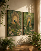 Peacock Garden Harmony – Vintage Indian Canvas Wall Art (Set of 2)