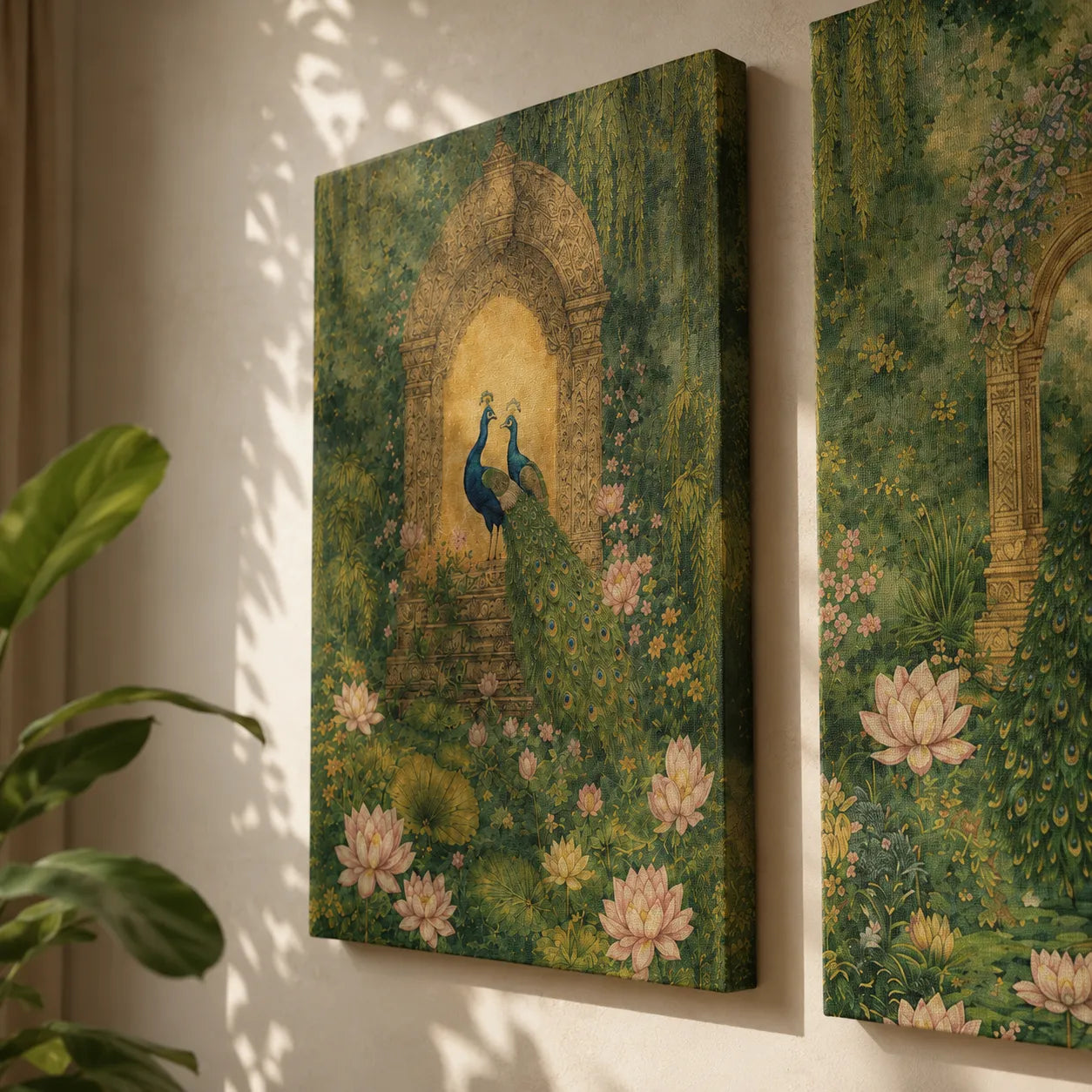 Peacock Garden Harmony – Vintage Indian Canvas Wall Art (Set of 2)