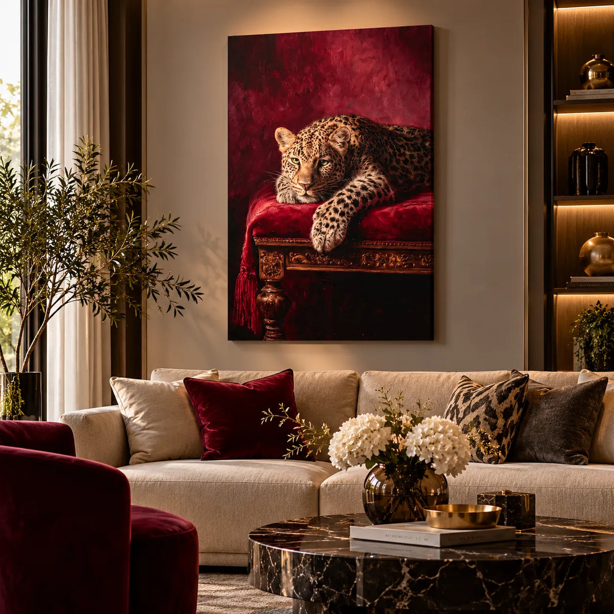 Luxury Leopard Canvas Wall Art Burgundy