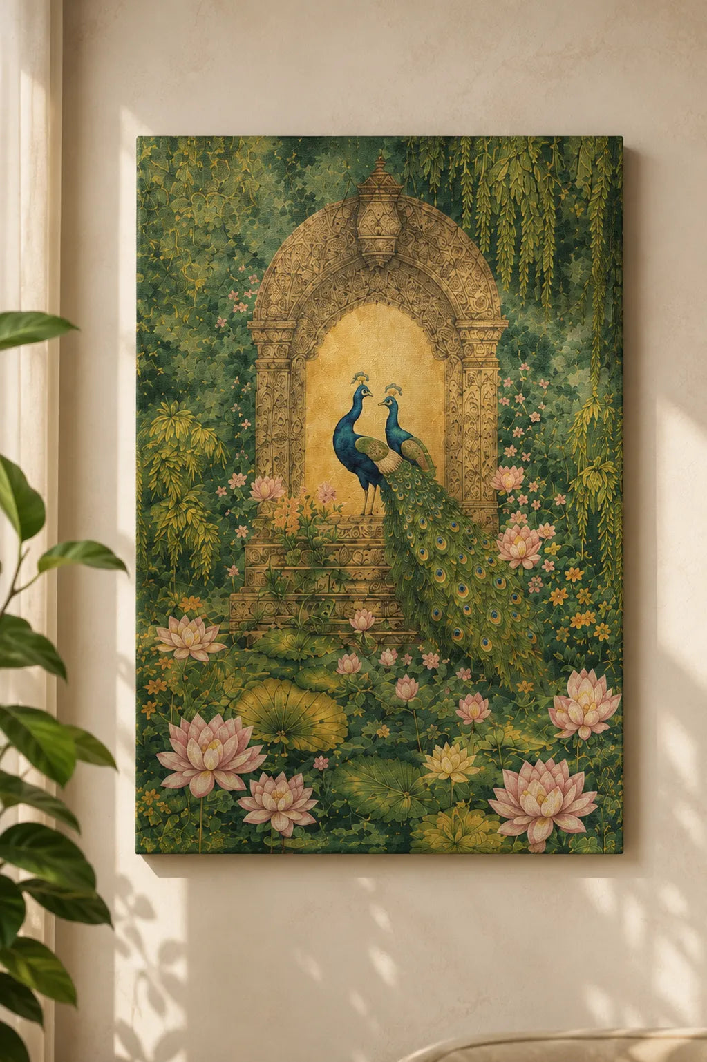 Peacock Garden Harmony – Vintage Indian Canvas Wall Art (Set of 2)