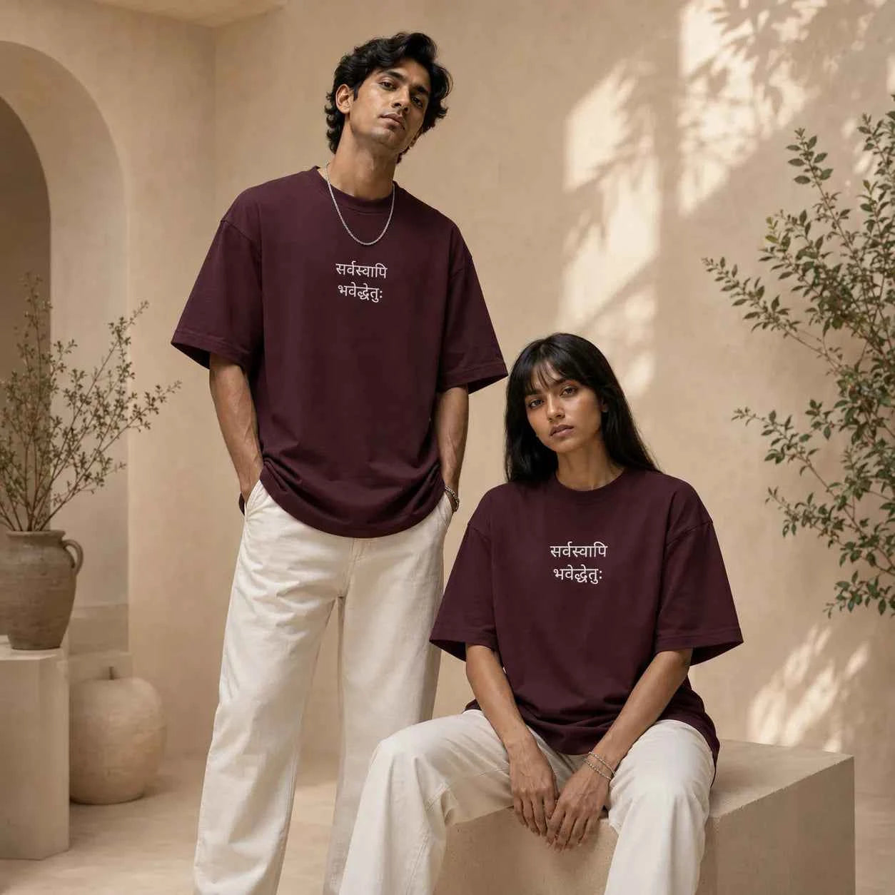 Sarvasvapi Bhavedduḥkham Embroidered Oversized Terry Cotton T-Shirt | 260 GSM | Unisex