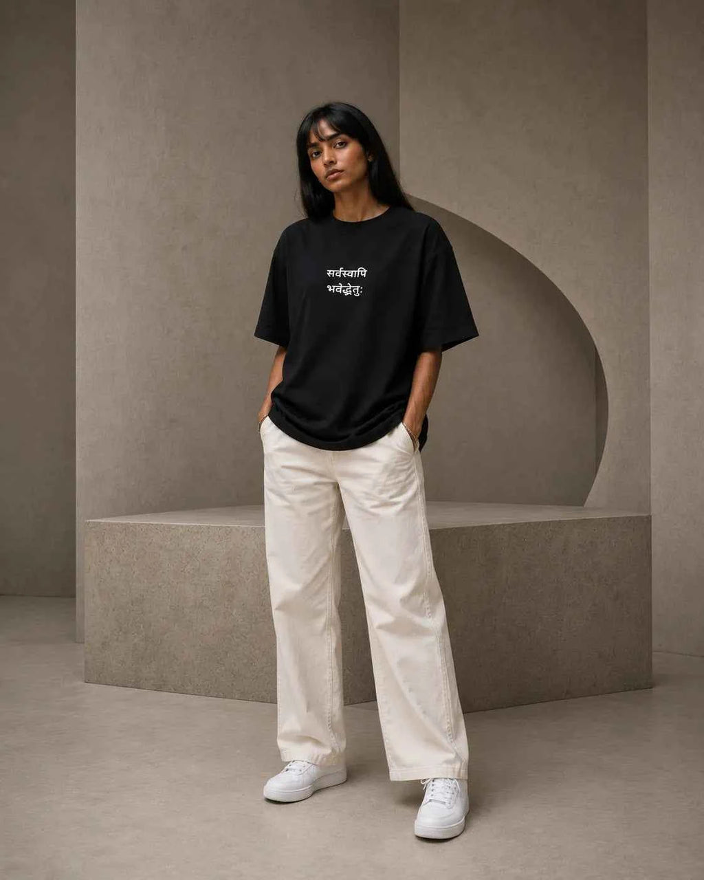 Sarvasvapi Bhavedduḥkham Embroidered Oversized Terry Cotton T-Shirt | 260 GSM | Unisex