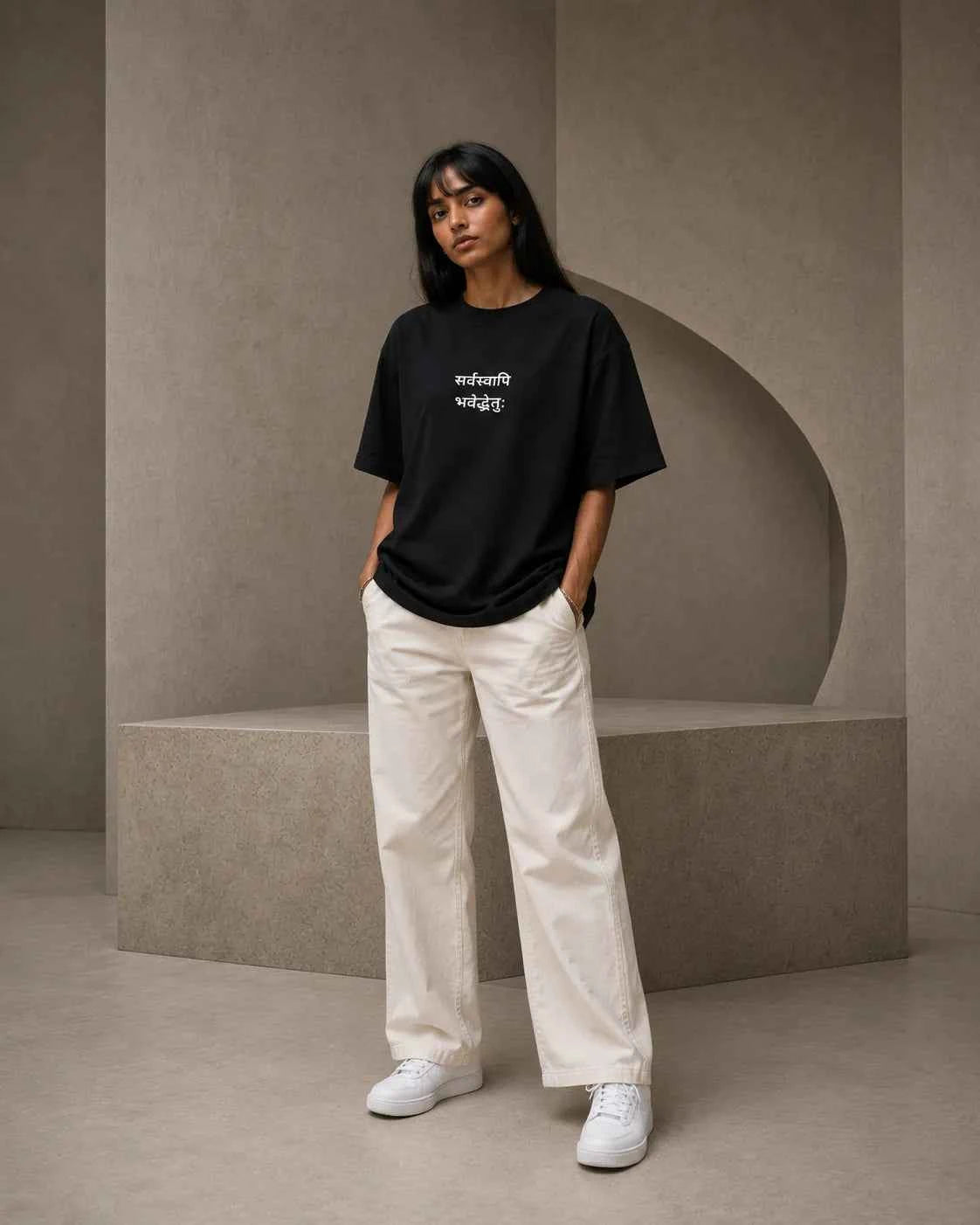 Sarvasvapi Bhavedduḥkham Embroidered Oversized Terry Cotton T-Shirt | 260 GSM | Unisex